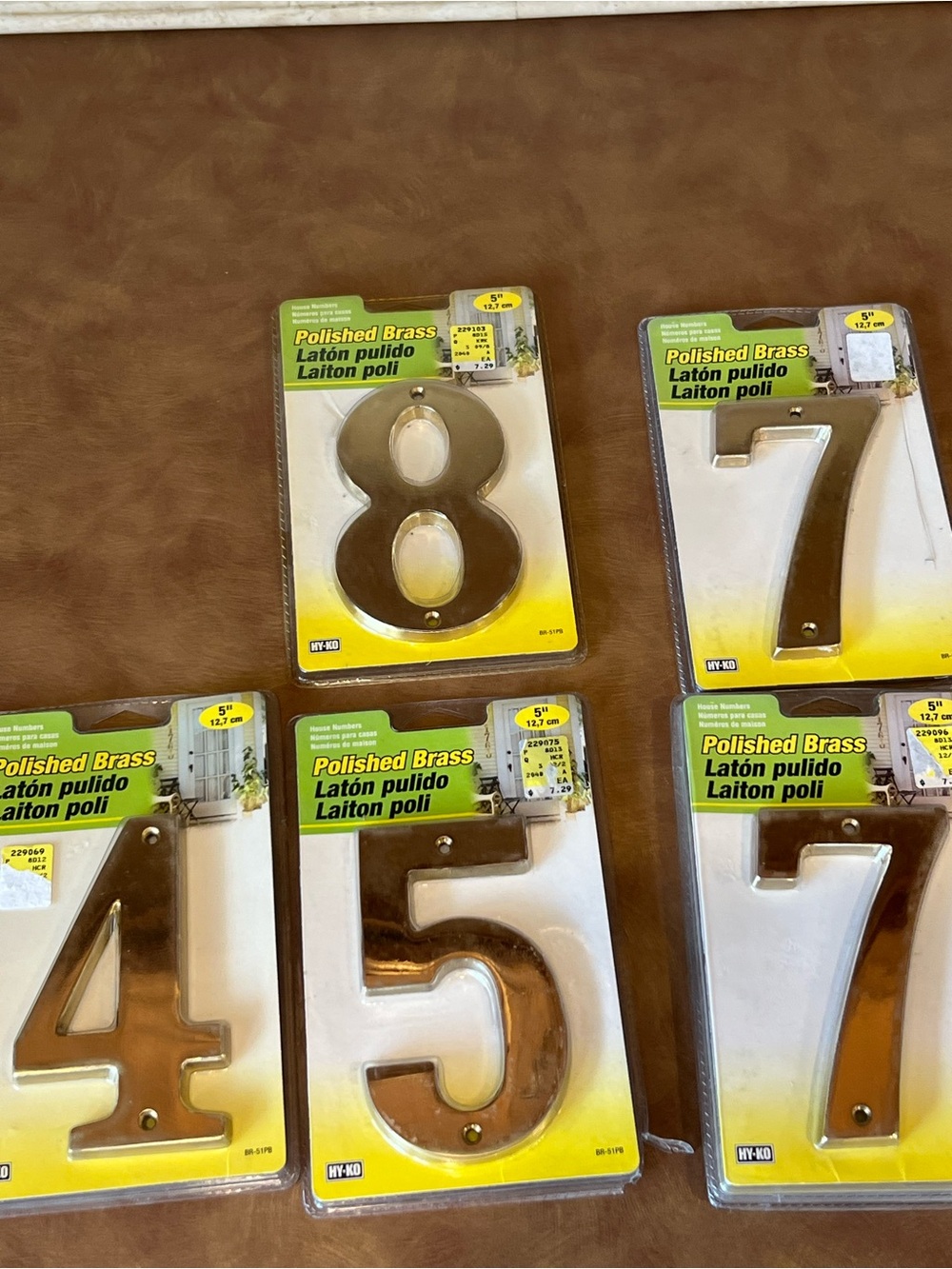 House Numbers , 5” Polished Brass ( 4,5,7,8) – set  of 6 New in package